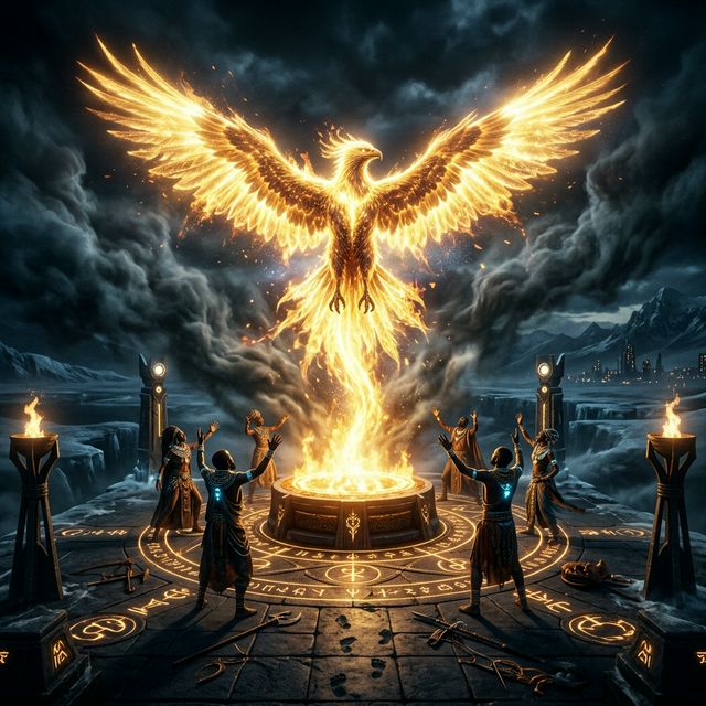 Glowing golden phoenix wings over silhouette