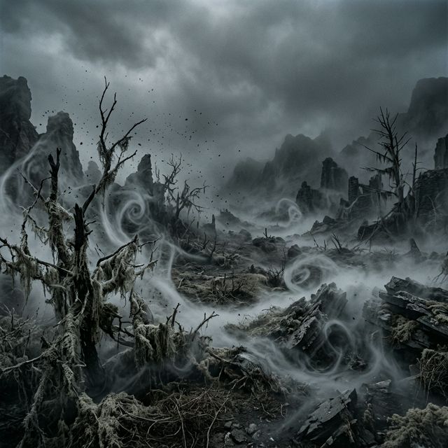 Twisted spooky forest with creeping grey mist