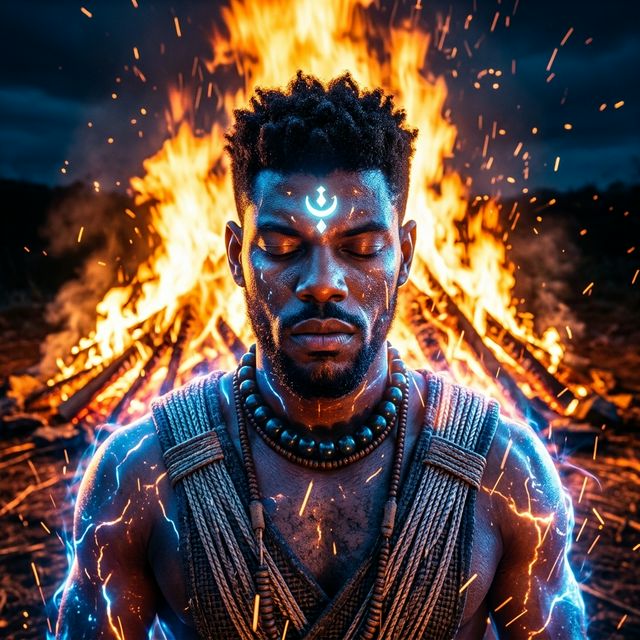 Kojo glowing brilliantly in front of a roaring fire